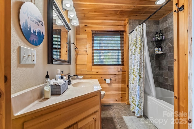 1600 Pisgah Preserve Dr, Nebo, NC 28761 - full bath featuring tile patterned flooring, vanity, toilet, wooden ceiling, and shower / bath combo with shower curtain