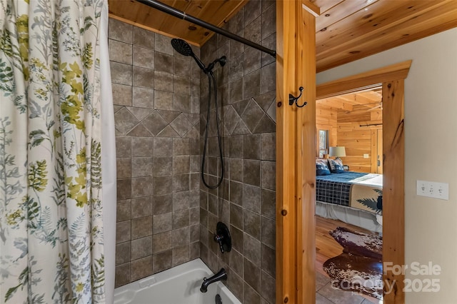 1600 Pisgah Preserve Dr, Nebo, NC 28761 - bathroom with shower / bath combo with shower curtain, wooden ceiling, and ensuite bathroom
