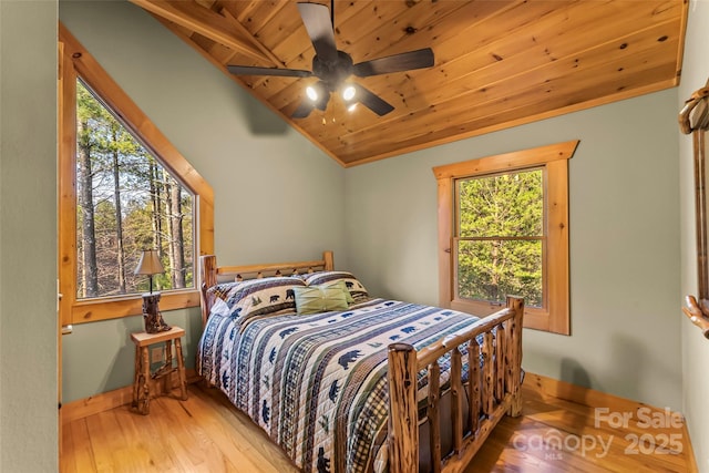 1600 Pisgah Preserve Dr, Nebo, NC 28761 - bedroom featuring vaulted ceiling, wooden ceiling, wood finished floors, baseboards, and ceiling fan