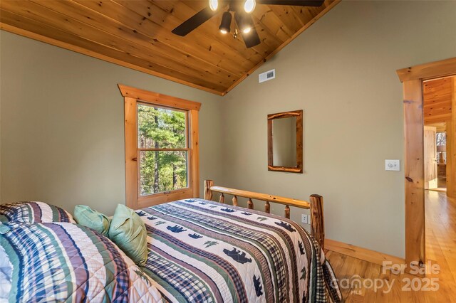 1600 Pisgah Preserve Dr, Nebo, NC 28761 - bedroom with vaulted ceiling, wood ceiling, wood finished floors, visible vents, and ceiling fan