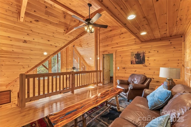 1600 Pisgah Preserve Dr, Nebo, NC 28761 - living area featuring lofted ceiling, ceiling fan, wooden walls, and wooden ceiling