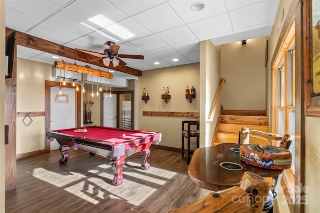 1600 Pisgah Preserve Dr, Nebo, NC 28761 - recreation room with baseboards, ceiling fan, wood finished floors, a drop ceiling, and billiards