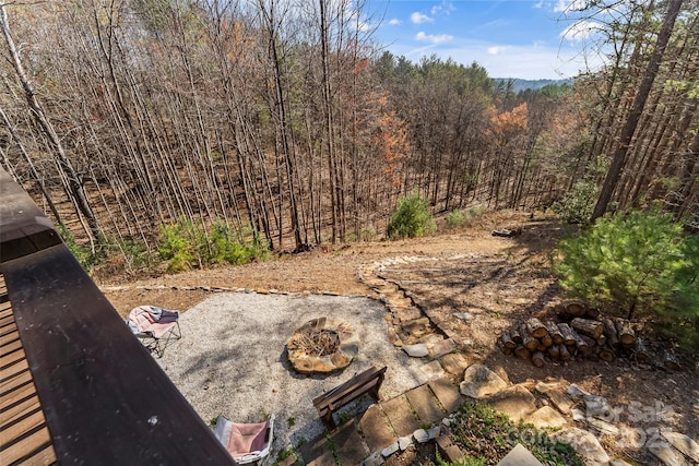 1600 Pisgah Preserve Dr, Nebo, NC 28761 - view of yard featuring an outdoor fire pit and a forest view