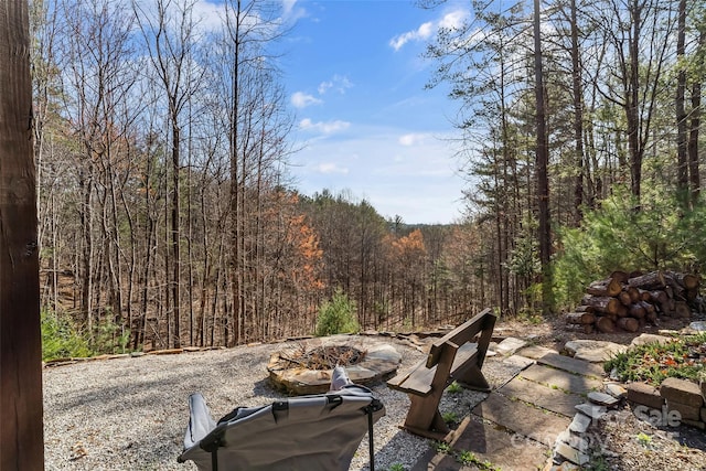 1600 Pisgah Preserve Dr, Nebo, NC 28761 - view of yard with a wooded view and an outdoor fire pit