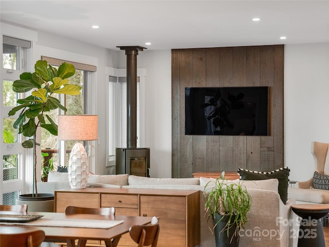 322 Windswept Dr, Asheville, NC 28801 - living area featuring a wood stove and recessed lighting