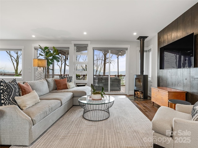 322 Windswept Dr, Asheville, NC 28801 - living room featuring recessed lighting, dark wood-style floors, and a wood stove