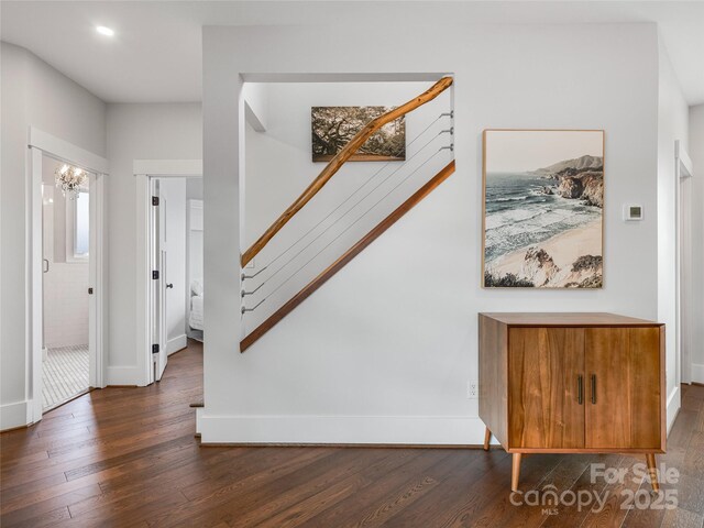 322 Windswept Dr, Asheville, NC 28801 - entrance foyer featuring stairs, wood finished floors, baseboards, a chandelier, and recessed lighting