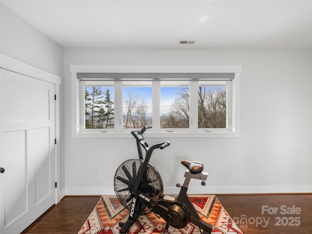 322 Windswept Dr, Asheville, NC 28801 - workout room featuring visible vents, baseboards, and dark wood-style flooring