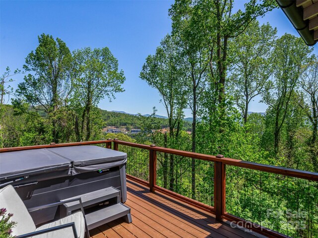 322 Windswept Dr, Asheville, NC 28801 - wooden deck with a mountain view and a hot tub