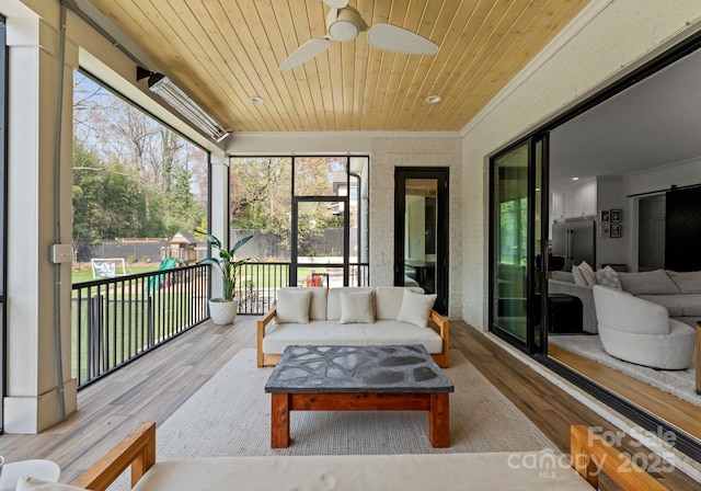 300 Mammoth Oaks Dr, Charlotte, NC 28270 - sunroom with a ceiling fan, outdoor lounge area, and a barn door