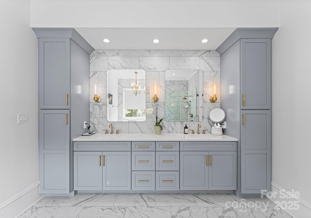 300 Mammoth Oaks Dr, Charlotte, NC 28270 - full bath with marble finish flooring, baseboards, double vanity, a marble finish shower, and recessed lighting