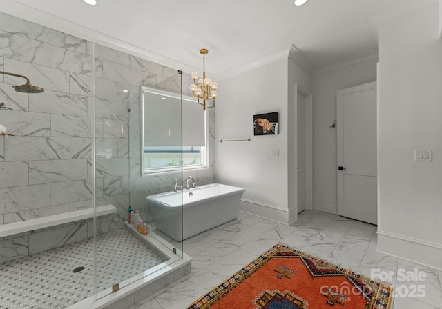 300 Mammoth Oaks Dr, Charlotte, NC 28270 - full bath featuring marble finish flooring, a freestanding bath, crown molding, a shower stall, and a chandelier