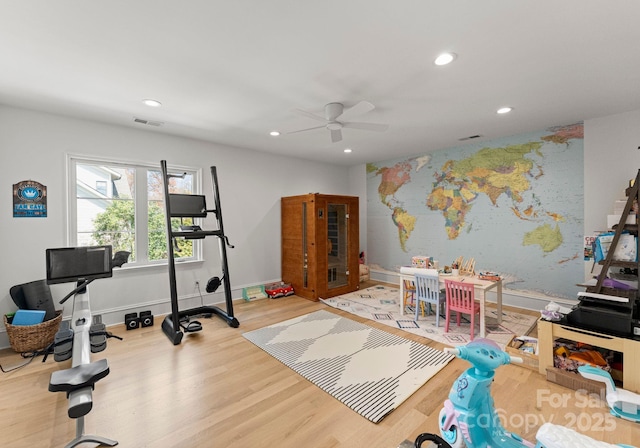 300 Mammoth Oaks Dr, Charlotte, NC 28270 - exercise area with wood finished floors, a ceiling fan, recessed lighting, and baseboards