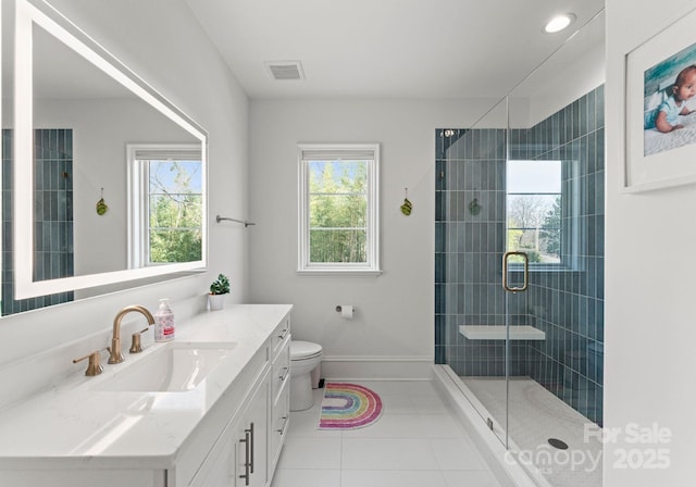 300 Mammoth Oaks Dr, Charlotte, NC 28270 - full bath with vanity, a shower stall, toilet, tile patterned floors, and baseboards