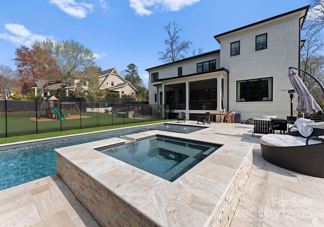 300 Mammoth Oaks Dr, Charlotte, NC 28270 - view of swimming pool featuring an in-ground hot tub, a patio, a sunroom, and a playground