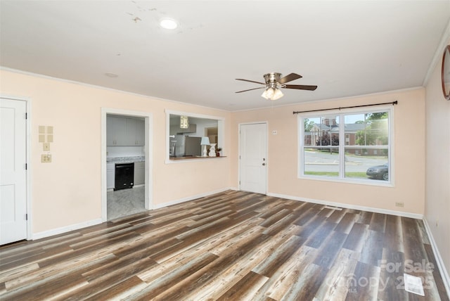 400 E 1st St, Cherryville, NC 28021 - unfurnished living room with a ceiling fan, wood finished floors, baseboards, and ornamental molding