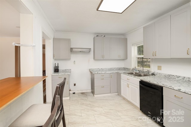 400 E 1st St, Cherryville, NC 28021 - kitchen featuring a sink, dishwasher, light marble finish flooring, gray cabinetry, and crown molding
