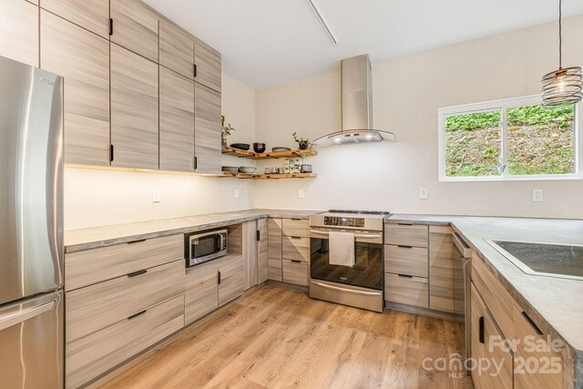47 Webb Cove Rd, Asheville, NC 28804 - kitchen featuring wall chimney range hood, light brown cabinetry, light wood-style flooring, stainless steel appliances, and open shelves