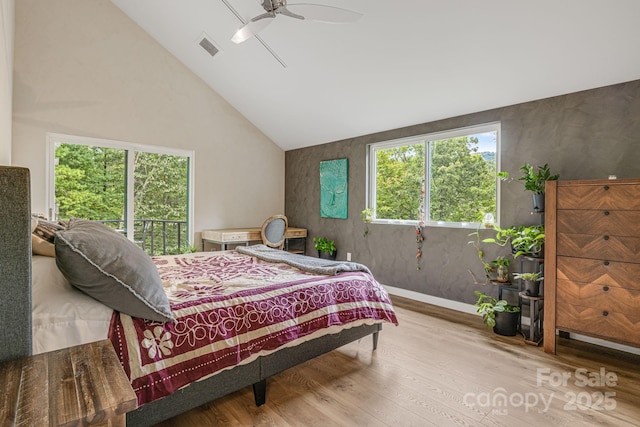 47 Webb Cove Rd, Asheville, NC 28804 - bedroom featuring visible vents, high vaulted ceiling, wood finished floors, baseboards, and ceiling fan