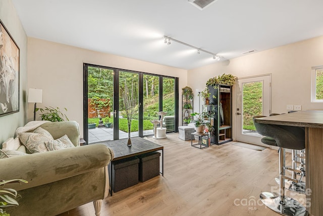 47 Webb Cove Rd, Asheville, NC 28804 - living area with rail lighting, visible vents, and light wood finished floors