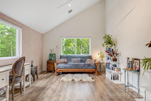 47 Webb Cove Rd, Asheville, NC 28804 - interior space featuring visible vents, high vaulted ceiling, wood finished floors, and rail lighting