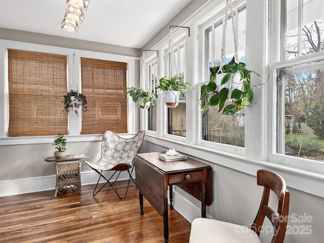 living area featuring a healthy amount of sunlight, baseboards, and wood finished floors