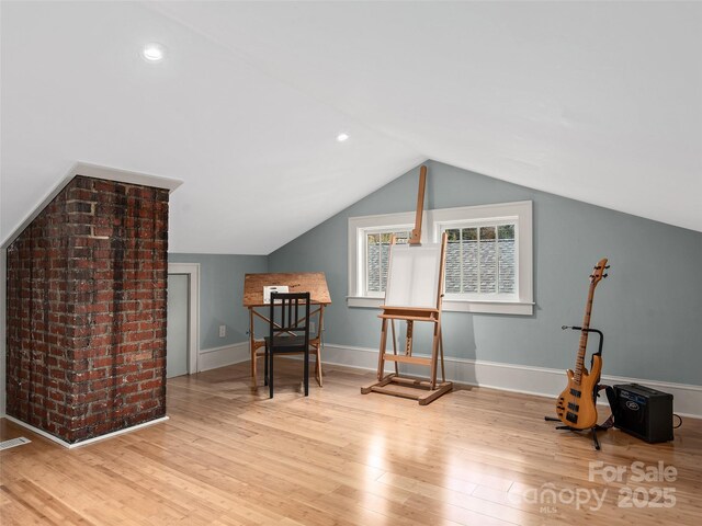 sitting room featuring recessed lighting, baseboards, lofted ceiling, and wood finished floors