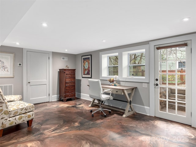 office with recessed lighting, visible vents, and baseboards