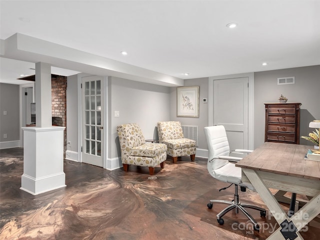 office space featuring recessed lighting, visible vents, and baseboards