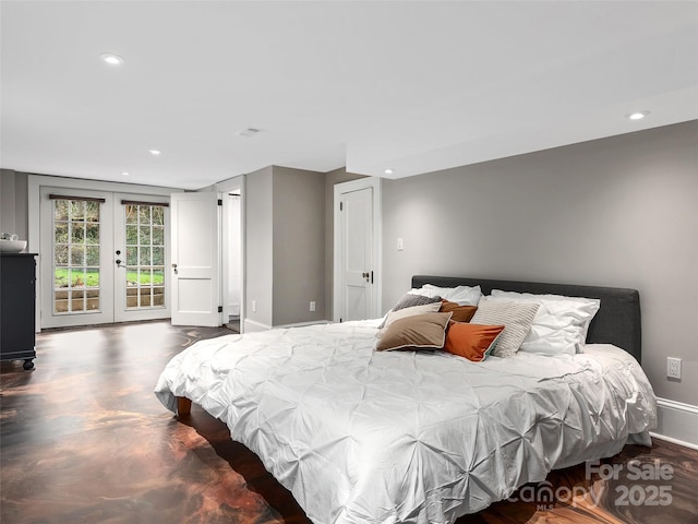 bedroom with recessed lighting, french doors, baseboards, and access to outside