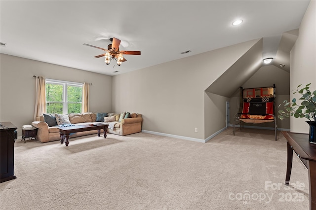 living area with baseboards, visible vents, recessed lighting, light colored carpet, and a ceiling fan