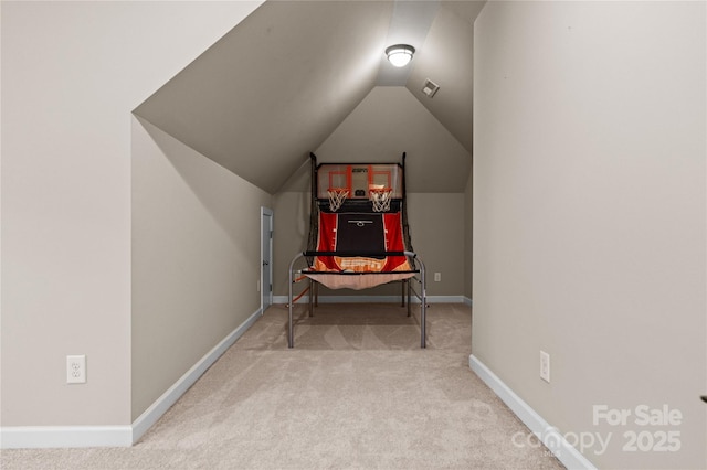 additional living space featuring baseboards, vaulted ceiling, and carpet flooring