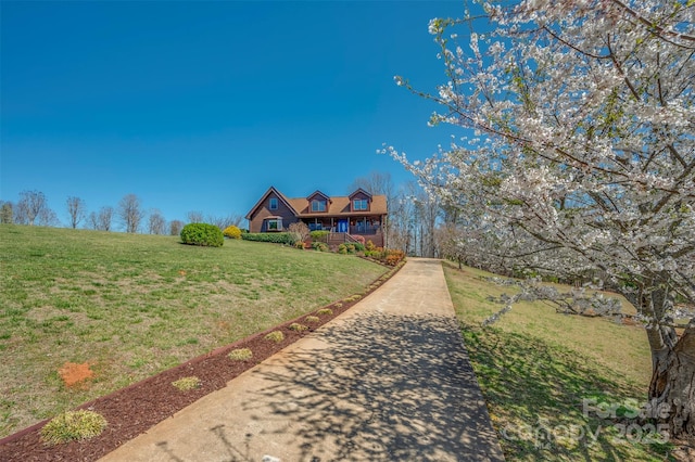 view of front facade featuring driveway and a front lawn