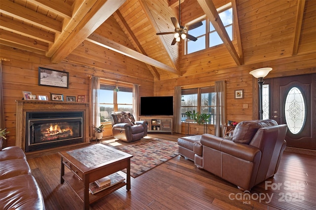 living area featuring ceiling fan, wooden ceiling, wood walls, and wood-type flooring