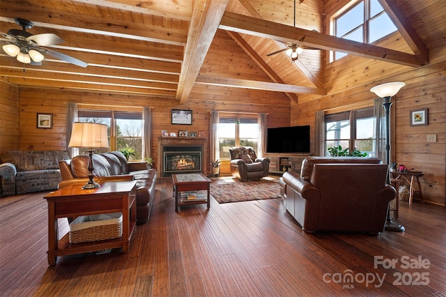 living area with dark wood finished floors, wooden walls, beam ceiling, and a ceiling fan