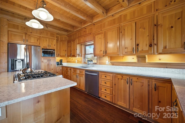 kitchen with stainless steel appliances, beam ceiling, dark wood-type flooring, a sink, and wood ceiling
