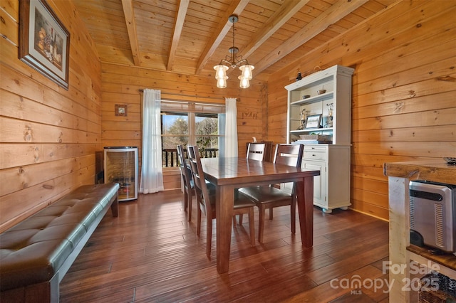 dining room with dark wood-type flooring, wood ceiling, beamed ceiling, wooden walls, and a notable chandelier