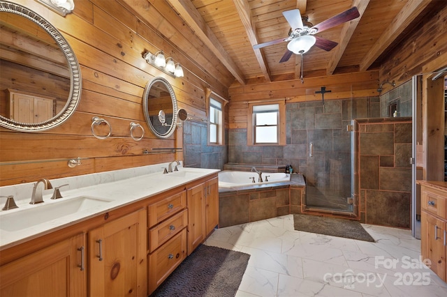 full bath with marble finish floor, a sink, wooden ceiling, and a bath