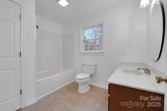 2750 Morgan Rd, Gold Hill, NC 28071 - full bathroom with toilet, crown molding, baseboards, bathing tub / shower combination, and vanity