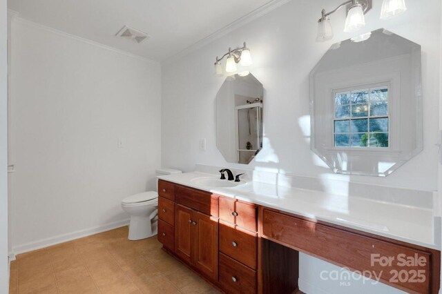 2750 Morgan Rd, Gold Hill, NC 28071 - bathroom with visible vents, a shower stall, toilet, ornamental molding, and vanity