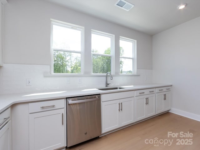 kitchen with visible vents, stainless steel dishwasher, a sink, light wood-style floors, and tasteful backsplash