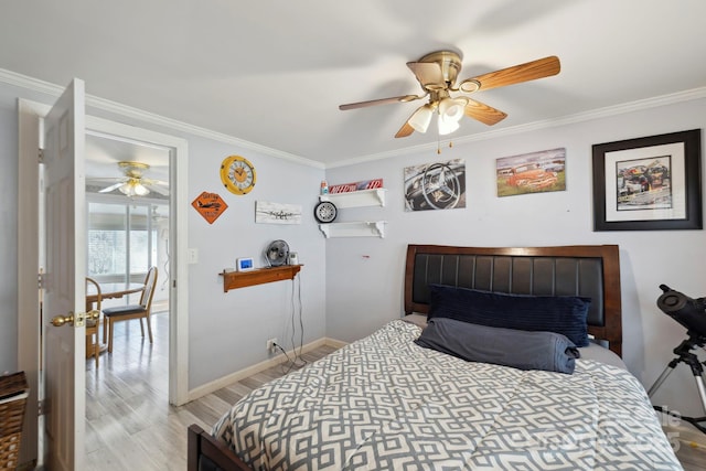 bedroom featuring ornamental molding, baseboards, light wood finished floors, and ceiling fan