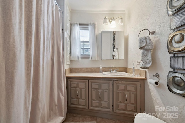 bathroom with toilet, a textured wall, and vanity