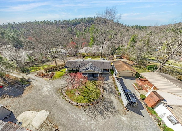 bird's eye view featuring a wooded view