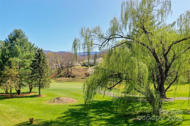 view of community featuring golf course view, a lawn, and a water and mountain view