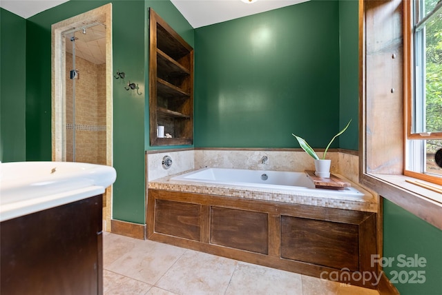 731 Old Fort Rd, Fairview, NC 28730 - full bathroom featuring a stall shower, a garden tub, tile patterned flooring, and vanity