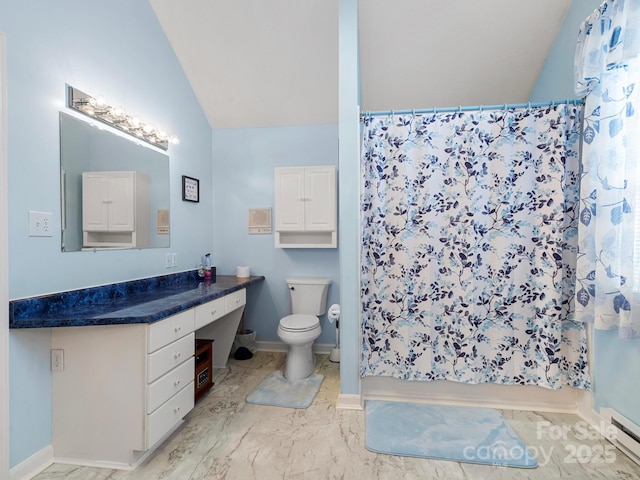 727 Jenkins Valley Rd, Alexander, NC 28701 - full bath with a baseboard heating unit, lofted ceiling, toilet, vanity, and a shower with shower curtain