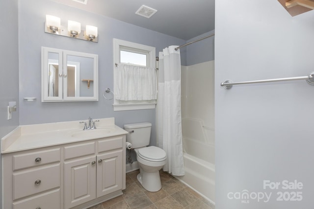 bathroom with vanity, shower / bathtub combination with curtain, toilet, and visible vents