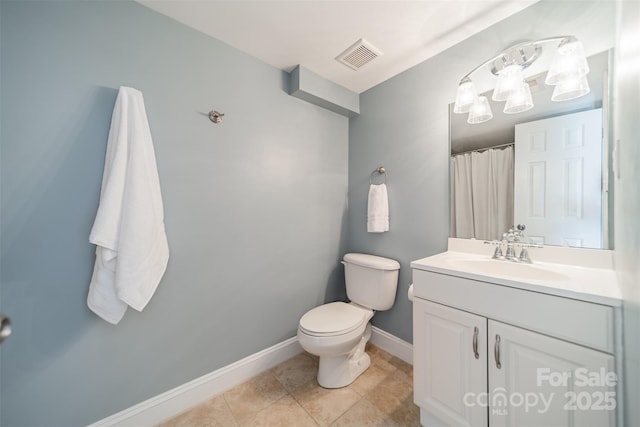 bathroom featuring tile patterned flooring, visible vents, baseboards, toilet, and vanity