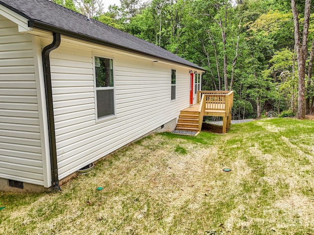 2506 Turnpike Rd, Horse Shoe, NC 28742 - view of property exterior with crawl space, a lawn, a wooden deck, and roof with shingles